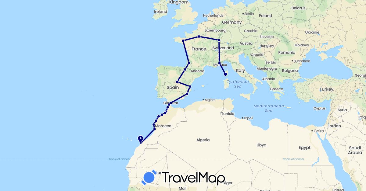 TravelMap itinerary: driving in Spain, France, Gibraltar, Morocco (Africa, Europe)